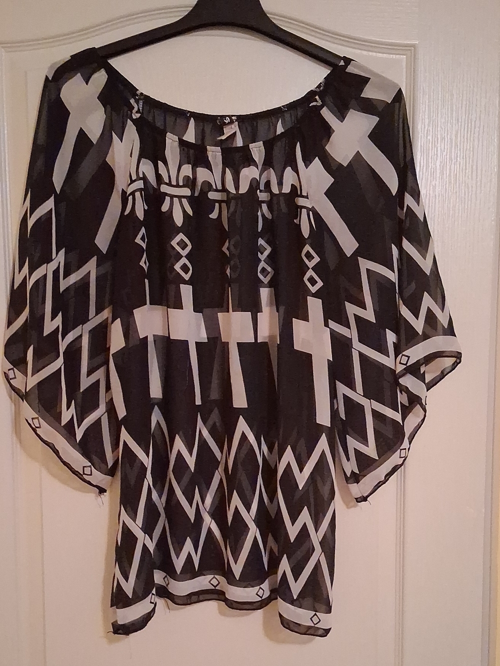 R. Rouge Black & White Geometric Sheer Women's Top